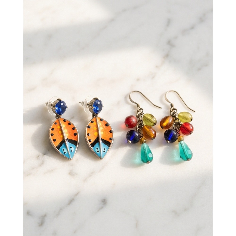 Boho Enamel Ladybug Post & Multi-Color Glass Bead Cluster Dangle Earrings Set